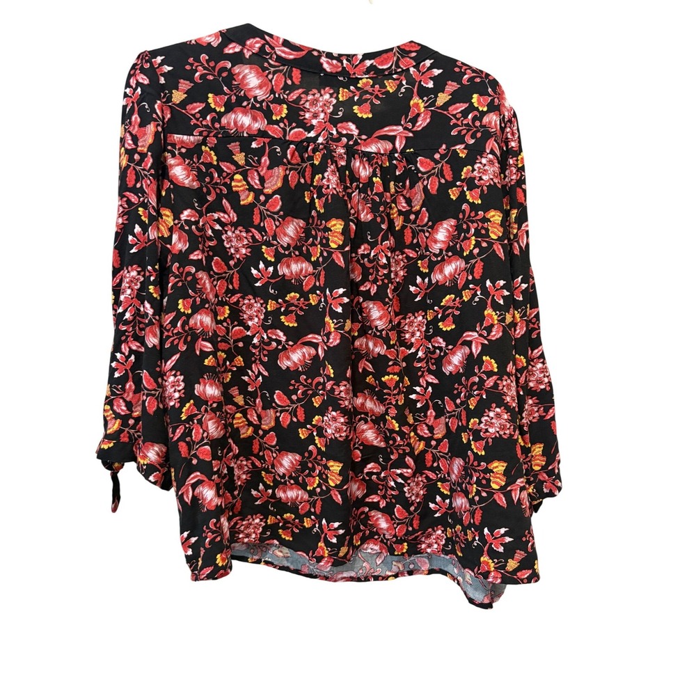 Rachel Zoe Women 2X Black Red Floral Rayon Split‎ Neck Tie Sleeve Blouse Top